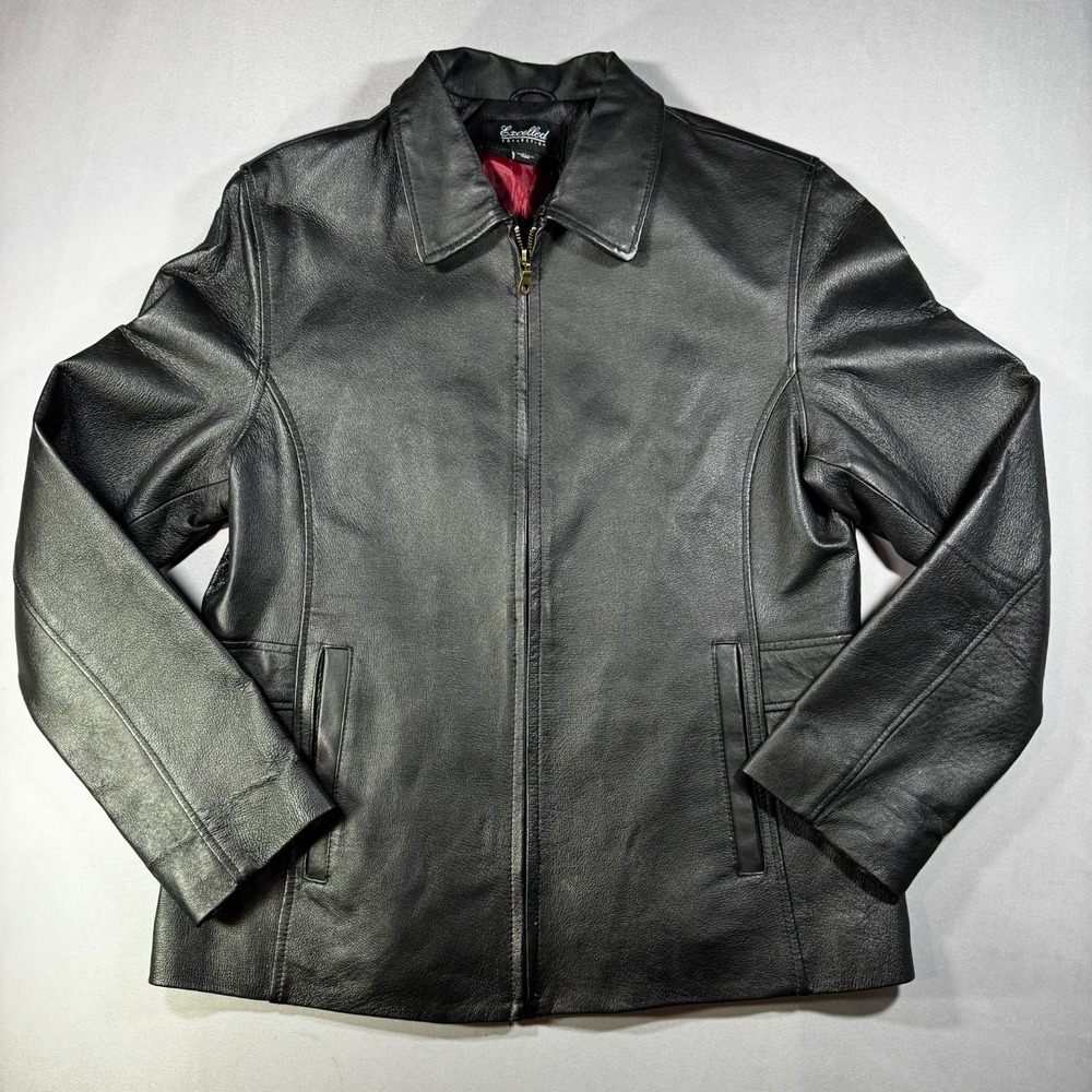 Excelled Collection Women's L Black Leather Jacket Zip Front Red Lining Bomber